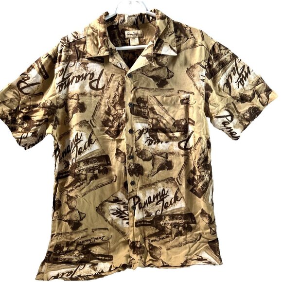 VINTAGE Panama Jack Shirt Mens Medium Hawaiian Button Up TAN BROWN Beach Casual - Picture 2 of 8